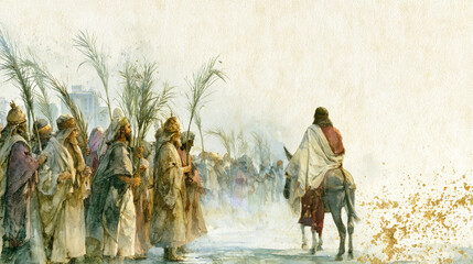 Fototapeta premium Jesus rides a donkey into Jerusalem as people gather around him holding palm branches. This event marks a significant time in the city's history