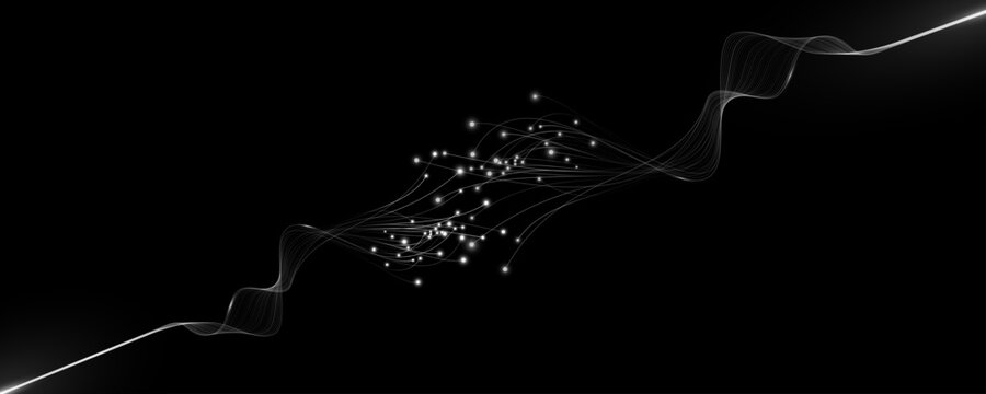 Neural data connection background. Glowing white wavy lines in motion and connected particles. Artificial intelligence or digital network concept for scientific presentation. Vector illustration.