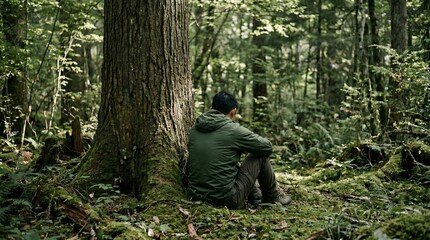 Fototapeta premium Man sits alone by a tree in a peaceful, lush green forest for reflection.