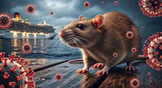 An adorable city rat looks up curiously in a city alley surrounded by discarded trash. Concept of hantavirus infection. Radiation flu virus