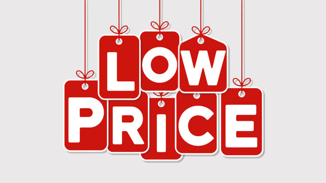 Red Price Tags Hanging With White Text Low Price On Light Gray Background. low price