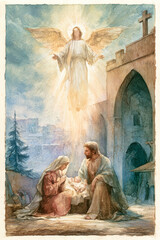 Obraz premium Mary and Joseph are in a stable at night with the baby Jesus. An angel appears above them, shining light on the scene. The setting is simple and humble