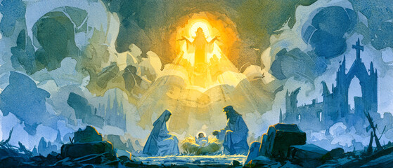 Obraz premium Mary and Joseph sit near baby Jesus in a stable in Bethlehem. A bright light shines from above, symbolizing his birth. The scene is filled with warmth and hope