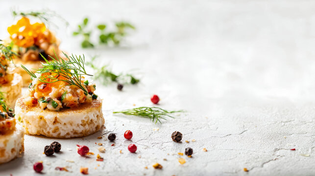 Three buffet appetizers are displayed on a white surface with greenery and spices scattered around. Space is available for text on the left side