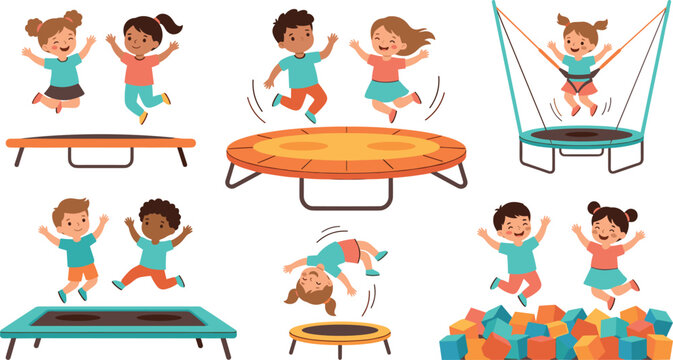 Happy Kids Jumping on Trampoline Vector Set featuring Children Bouncing in Foam Pit and Bungee Trampoline Park Graphic Designs