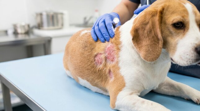 Veterinarian examining skin lesion on a dog under bright light, highlighting an infected or inflamed area on the animal's banner format