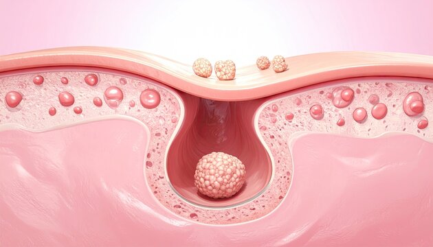 Cross-section medical illustration depicts skin pore and acne formations