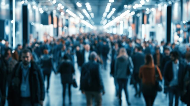 Crowd of people walking in a modern building interior