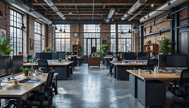 Office floor features workstations arranged in an open plan loft setting with exposed ductwork above.