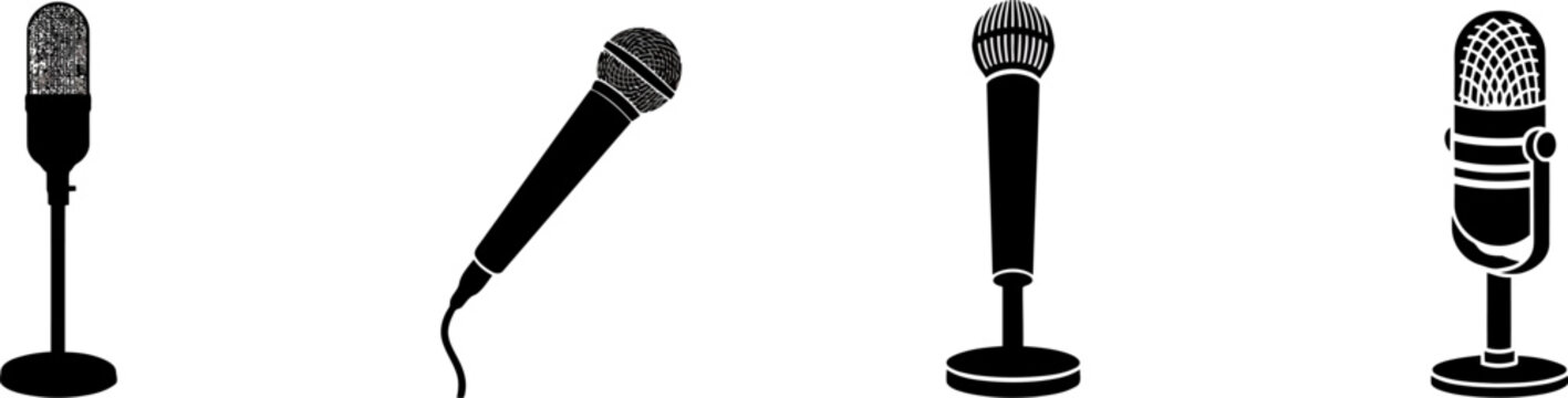 Silhouettes of four different microphones on a white background audio sound