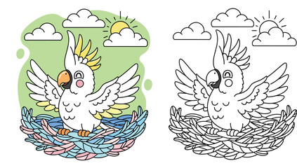 Happy White Cockatoo Bird Spreading Wings in a Colorful Feather Nest © MstSangita