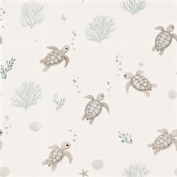 Sea turtle pattern with shells and marine plants, coastal wildlife theme, playful ocean inspired design. SEAMLESS PATTERN