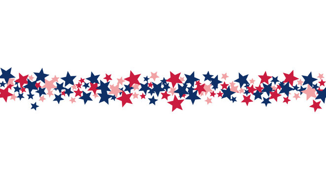 Patriotic red and blue stars border, decorative American flag colors star confetti line, festive Fourth of July horizontal frame vector