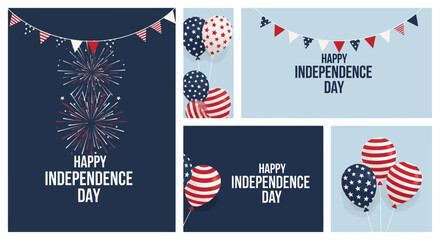 Independence Day social media post templates, patriotic 4th of July vector set with fireworks and balloons, American holiday greeting cards © FATEMA