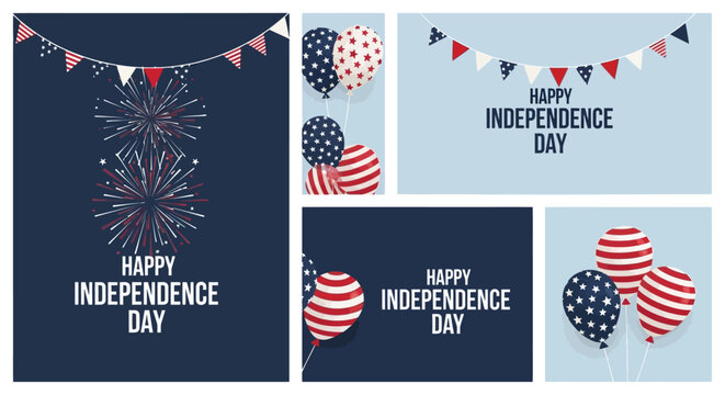 Independence Day social media post templates, patriotic 4th of July vector set with fireworks and balloons, American holiday greeting cards