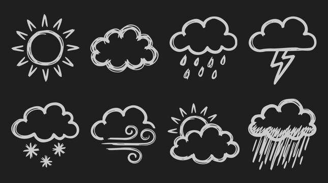 Chalk doodles of various weather icons including sun, clouds, rain, lightning, snow, and wind on a dark background