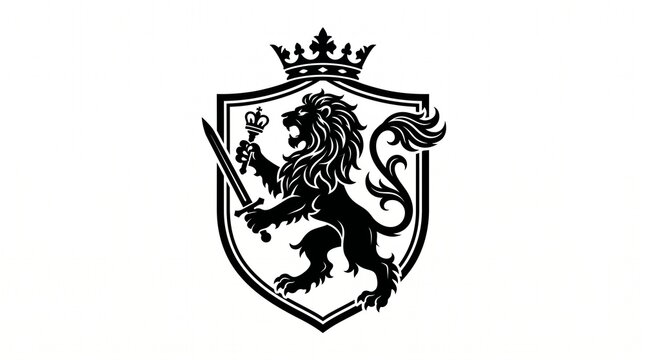 Heraldic lion crest with sword and scepter, royal shield emblem in black and white, medieval knight coat of arms for luxury branding and security logos