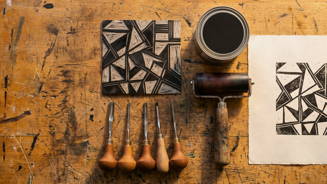 Linocut printmaking tools carved block brayer ink on worn wood overhead flat lay, linocut printmaking tools concept, relief printing supplies overhead, lino print tools flat lay