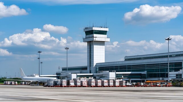 A dynamic view of a cargo laden airport terminal set against a vast blue sky emphasizing modern logistics and global transport infrastructure