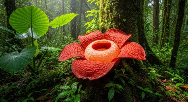 Rafflesia flower in bloom amidst lush rainforest vegetation.