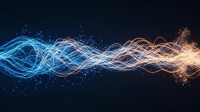 Blue fiber optic cables transmitting digital data pulses on black.