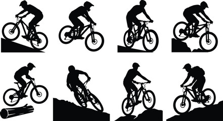 Obraz premium Mountain Bike Rider Silhouette Collection with Off Road Cycling Action and Trail Adventure Vector Set