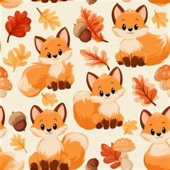 Obraz premium Cute fox pattern with mushrooms and autumn leaves, woodland theme, playful nursery illustration, charming animal design. SEAMLESS PATTERN