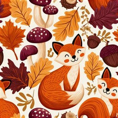 Obraz premium Cute fox pattern with mushrooms and autumn leaves, woodland theme, playful nursery illustration, charming animal design. SEAMLESS PATTERN