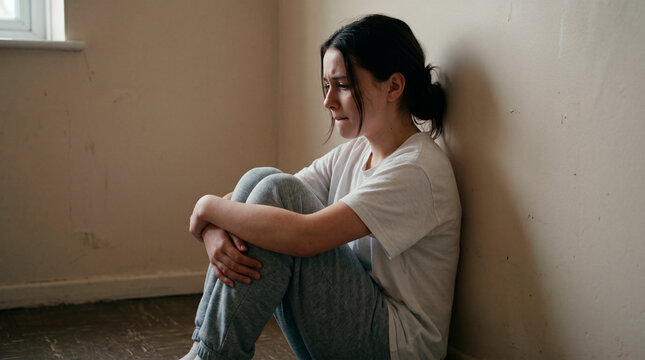 Young girl sitting alone in a room, looking sad and withdrawn