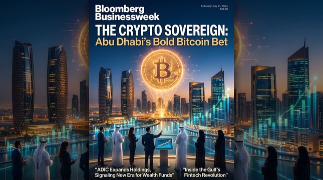 Abu Dhabi cityscape at dusk with Bitcoin logo and people