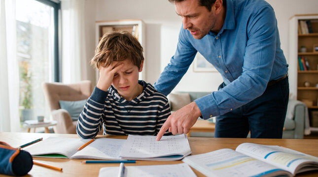 Father helps frustrated son with homework, pointing at textbook with concern
