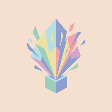 A colorful geometric explosion erupts from a small square box