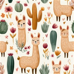 Fototapeta premium Cute llama and cactus pattern in soft pastel tones, playful nursery theme, whimsical animal illustration. SEAMLESS PATTERN
