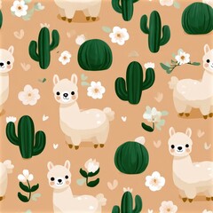 Fototapeta premium Cute llama and cactus pattern in soft pastel tones, playful nursery theme, whimsical animal illustration. SEAMLESS PATTERN