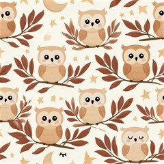 Obraz premium Cute owl pattern with botanical branches, woodland wildlife theme, nursery decor, charming animal illustration. SEAMLESS PATTERN