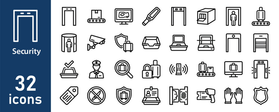 Security and airport checkpoint vector icon pack. Protection, surveillance, and safety symbols in outline style.