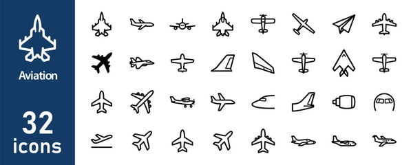 Fototapeta premium Aviation and airplane outline icons set. Flight, air travel, and aircraft linear symbols.