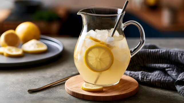 An iced lemonade pitcher rests on a bamboo coaster with a metallic straw embodying refreshing summer hyd n