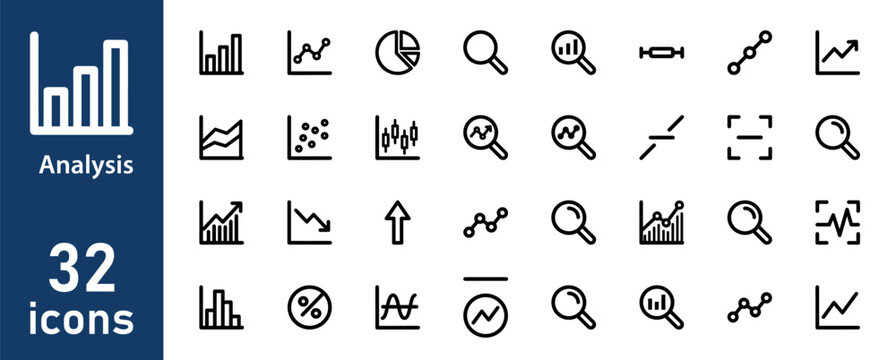 Data Analysis and Business Charts Line Icons Set. Collection of Graphs, Trends, and Analytics Vector Outline Icons.