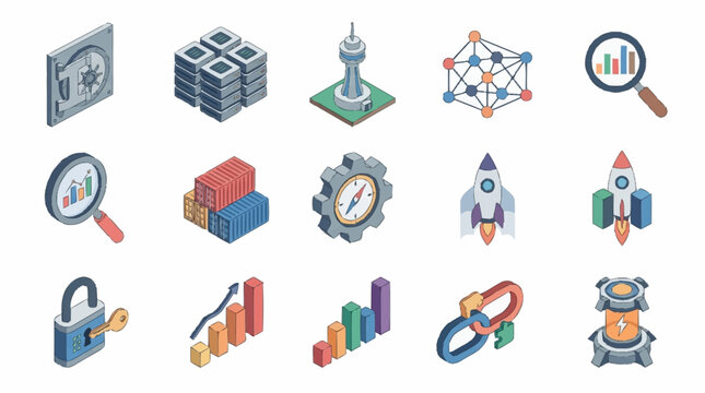 Colorful flat design icons for business and technology concepts.