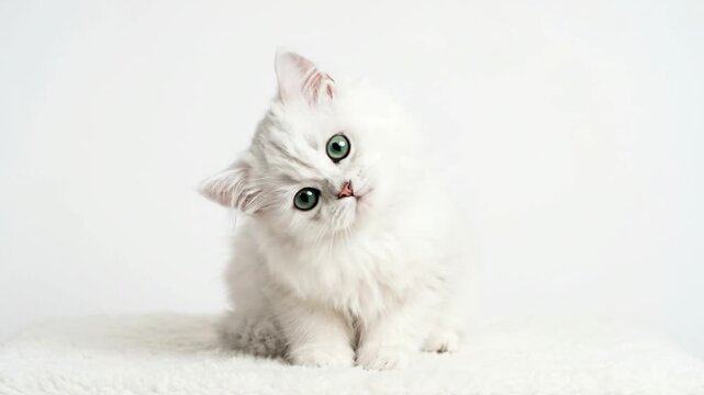 Fluffy white kitten sitting on soft surface against white studio background.