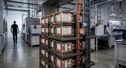 Obraz premium Sodium Ion Battery Module Testing Rack in Advanced Energy Storage Research Laboratory