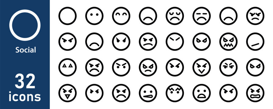 Angry Emoticons and Negative Emotions Line Icons Set. Frustration, rage, and displeased face symbols.