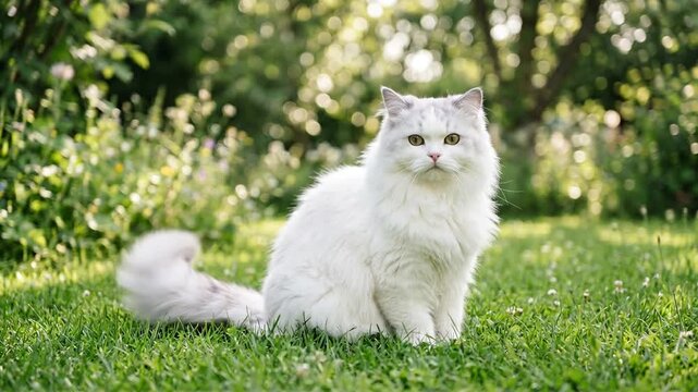 Longhaired white cat sitting in green grass with blurred forest background.