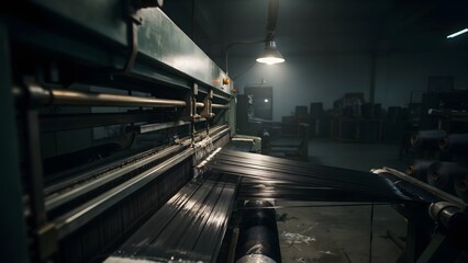 Fototapeta premium Industrial Workshop Scene with Large Metal Sheet Cutting Equipment and Machinery