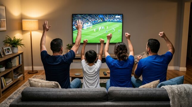 Excited family fans celebrating soccer goal in dimly lit modern living room with wide angle cinematic shot for digital streaming services promotion