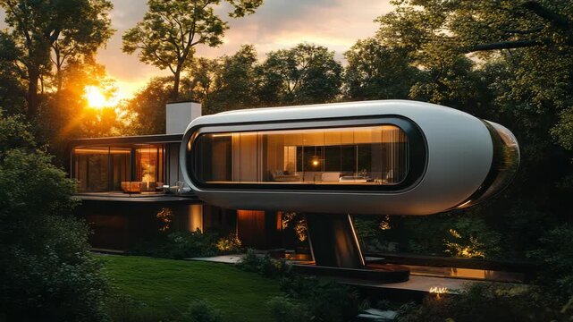 High end eco villa in lush jungle at golden hour with futuristic glass design sustainable architecture luxury travel retreat smart home comfort green tropical lifestyle background scene resort living