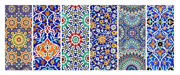 Set of horizontal or vertical banners with detail of ancient mosaic walls with floral and geometric ornaments. Collection of background with traditional islamic tile decoration. Tile decor on old wall © frenta