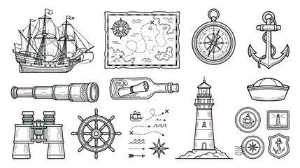 Vintage nautical icons set, hand drawn maritime adventure elements, black and white pirate map and sailing ship vector illustrations © Sidra