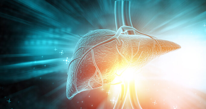 Detailed 3D medical illustration of a human liver positioned against a glowing abstract scientific background.